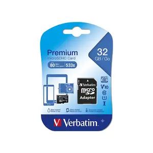Verbatim Premium microSDXC Memory Card with SD Adapter, UHS-I U1 V10 Class 10, Up to 100MB/s Read Speed, Waterproof Storage Card