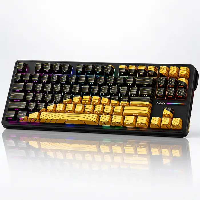 AULA F87 Pro Black + Yellow Contour Side-Engraved Tri-Mode Mechanical Gaming Keyboard, Matcha Latte Switch, 80% TKL 87-Key Gasket Layout, Hot-Swappable, RGB Backlight, PBT Keycaps, Bluetooth / 2.4GHz / USB-C