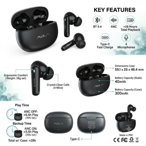 AULA H150 True Wireless Earbuds with ANC, Bluetooth 5.4 & 28 Hours Battery Life – Black