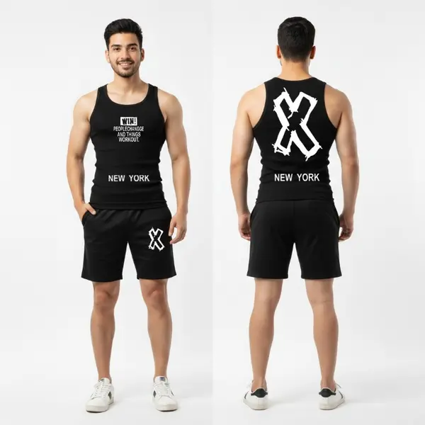 Men's Gym Track Suit Sleeveless Tank Top And Shorts Set Black Sportswear Activewear Outfit