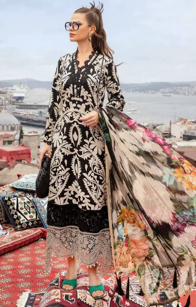 Elegant 3 Piece Embroidered Lawn Suit with Digital Print & Printed Chiffon Dupatta | Unstitched Summer Collection