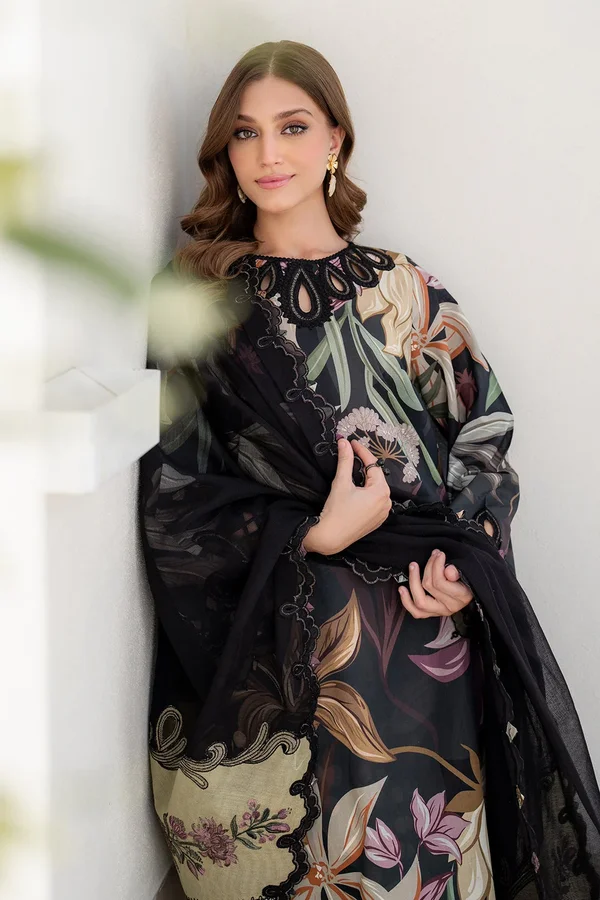 All-Over Printed Embroidered Black Lawn Dress with 4-Side Embroidered Chiffon Dupatta | Unstitched Summer Collection 2026