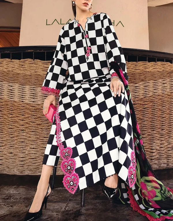 Elegant All-Over Checkerboard Print Embroidered Lawn 3 Piece Unstitched Suit with 4-Side Embroidered Chiffon Dupatta | Summer Collection 2026