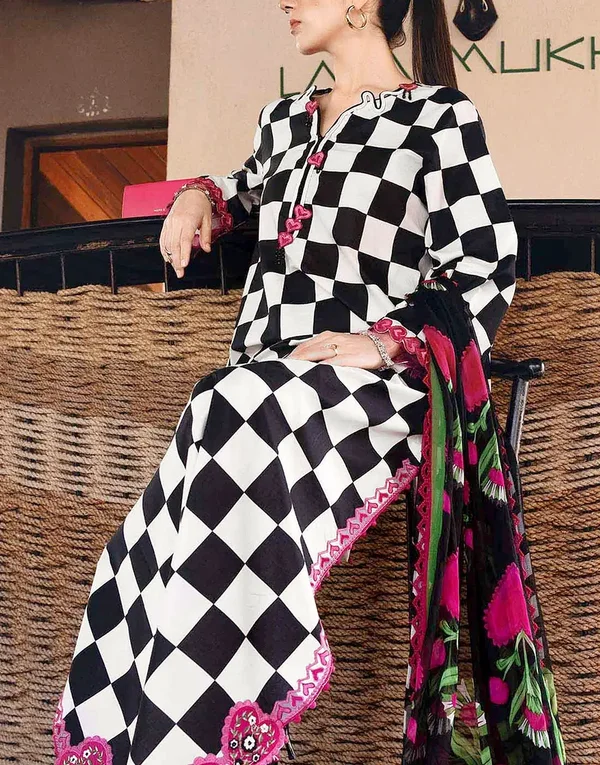 Elegant All-Over Checkerboard Print Embroidered Lawn 3 Piece Unstitched Suit with 4-Side Embroidered Chiffon Dupatta | Summer Collection 2026