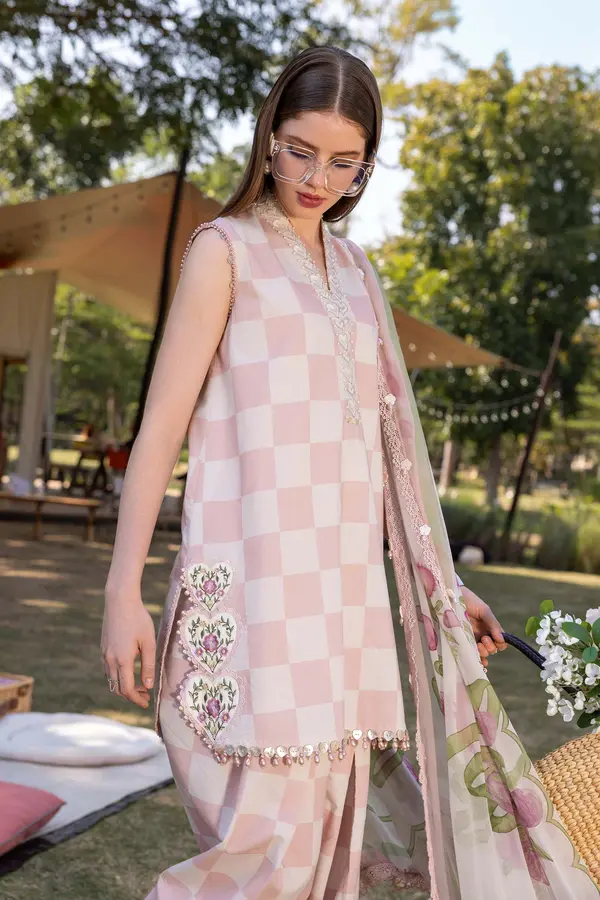 Luxury All-Over Checkerboard Print Embroidered Lawn 3 Piece Unstitched Suit with 4-Side Embroidered Chiffon Dupatta | EID & Party Wear