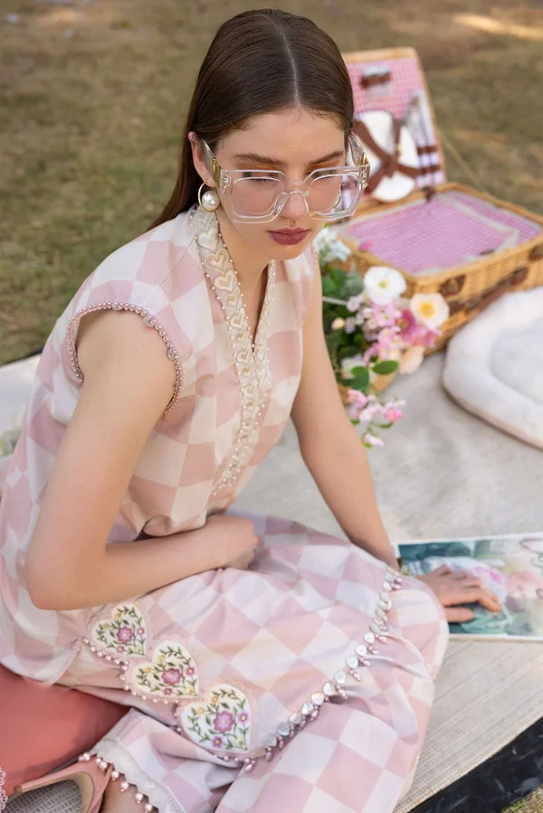 Luxury All-Over Checkerboard Print Embroidered Lawn 3 Piece Unstitched Suit with 4-Side Embroidered Chiffon Dupatta | EID & Party Wear