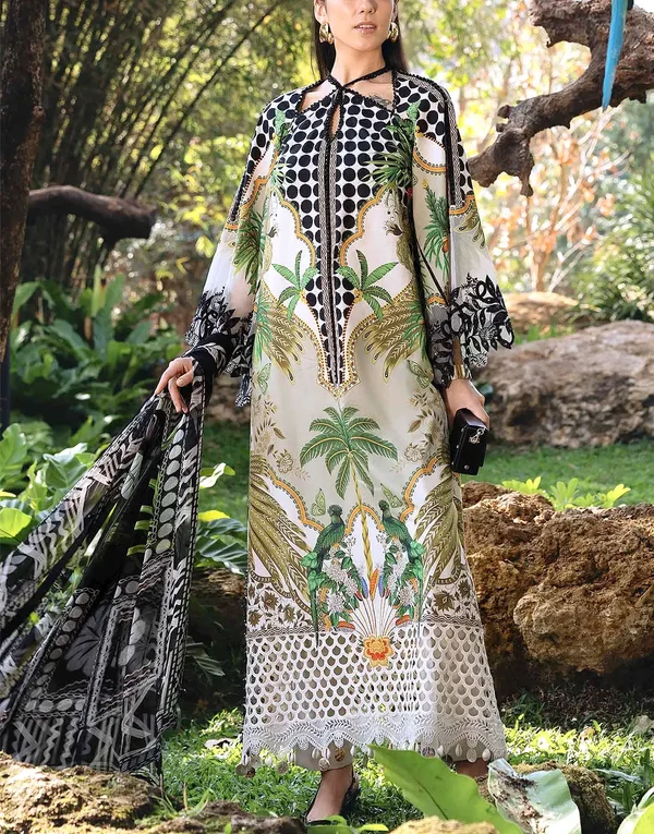 Elegant All-Over Print Embroidered Lawn 3 Piece Unstitched EID Dress with 4-Side Embroidered Chiffon Dupatta | Summer Collection 2026