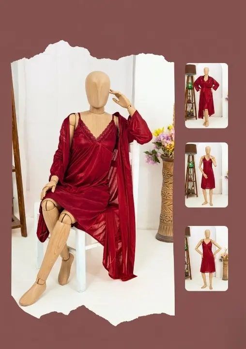 Premium Silk 2-Piece Bridal Nightwear Set for Women | Lace Embroidery Sleepwear with Robe | Free Size | SKU: R-017
