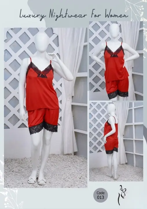 Women's Luxury Silk Nightwear Set | 2 Piece Satin Cami Top & Shorts Sleepwear | Black Lace | Free Size
