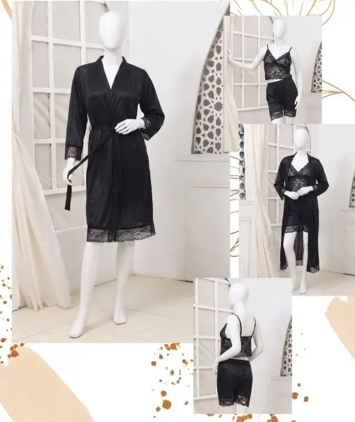 Women's Luxury Silk Nightwear Set | 3 Piece Satin Robe, Slip Dress & Inner | Black Lace | Free Size