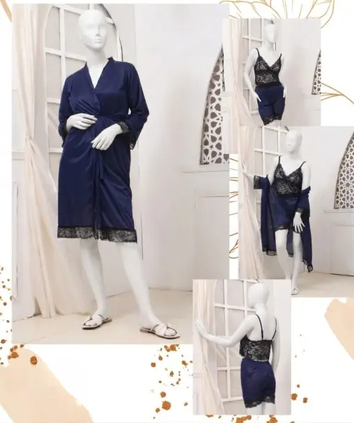 Women's Luxury Silk Nightwear Set | 3 Piece Satin Robe, Slip Dress & Inner | Black Lace | Free Size