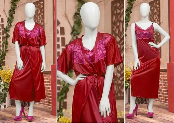 Women's Luxury Satin Robe & Nighty Set | 2 Piece Silk Sleepwear with Lace | Free Size