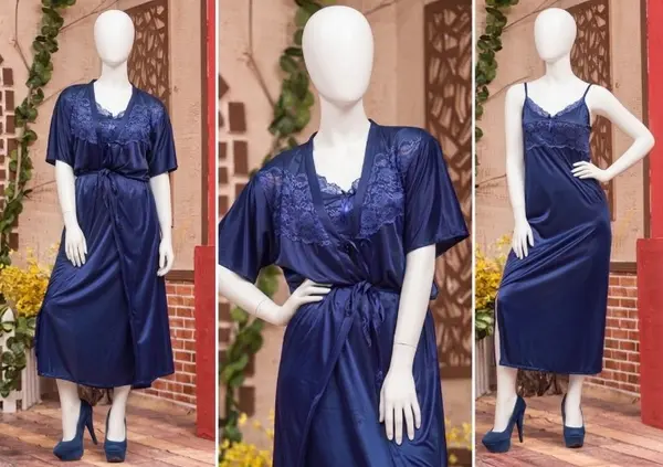Women's Luxury Satin Robe & Nighty Set | 2 Piece Silk Sleepwear with Lace | Free Size