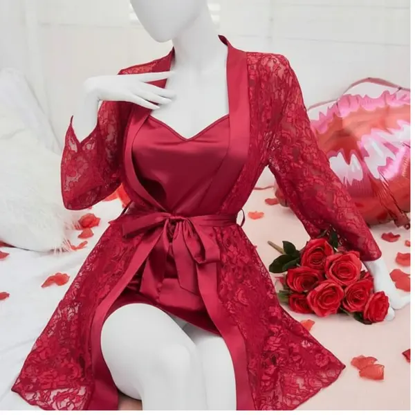 2 Pcs Soft Lace Robe & Silk Inner Nightwear Set for Women | Transparent Net Gown Sleepwear | Free Size (Fits Up to 38" Chest)