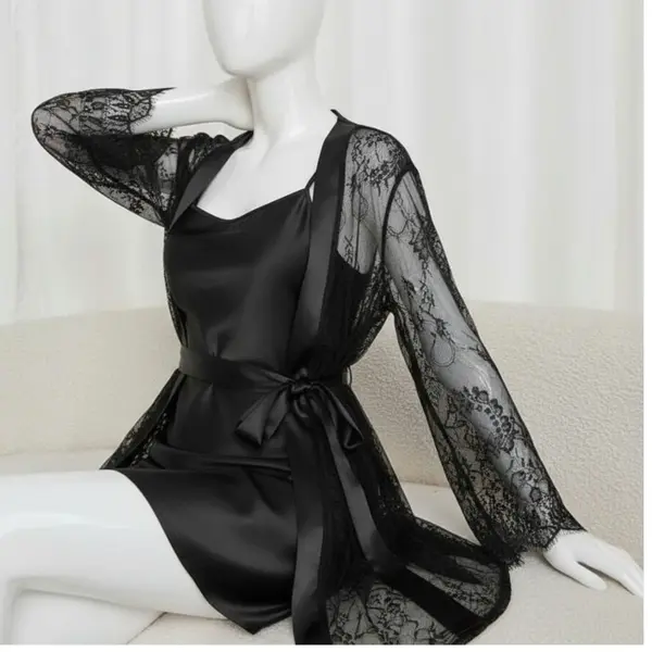 2 Pcs Soft Lace Robe & Silk Inner Nightwear Set for Women | Transparent Net Gown Sleepwear | Free Size (Fits Up to 38" Chest)