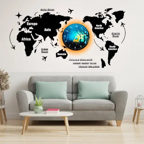 3D Wooden World Map Wall Clock with Aesthetic Dial – Premium 40-Inch Lasani Wood Home Decor Clock