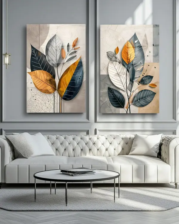 Premium 2-Piece Abstract Floral Wall Art Set – Navy, Mustard & Gray Geometric Leaf Elegance
