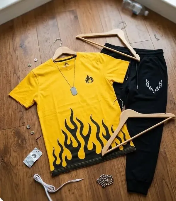 Men's Dri-Fit Printed Track Suit 2-Piece Set – Yellow & Black Athletic Sportswear