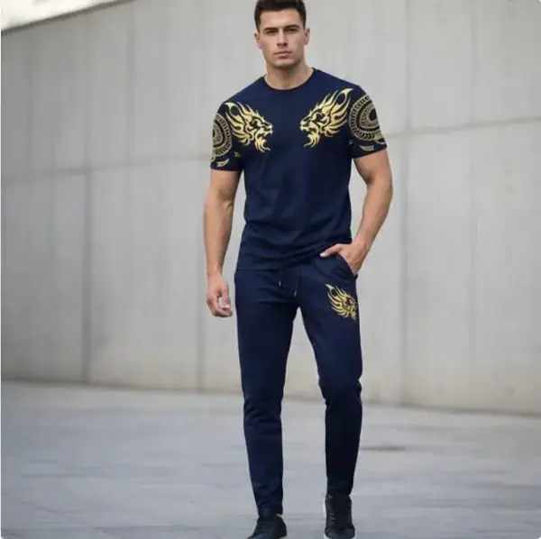 Men's Lion Print Slim Fit Track Suit 2-Piece Set – Micro Interlock