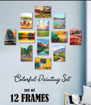 12 Piece Wall Art Set Colorful Textured Landscape Paintings Wooden Sticky Tiles (5x7 Inches)