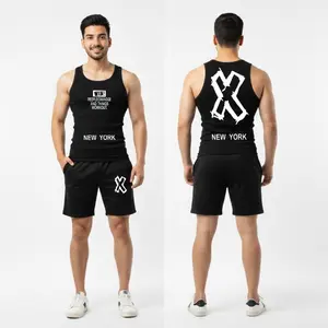 Men's Gym Track Suit Sleeveless Tank Top And Shorts Set Black Sportswear Activewear Outfit