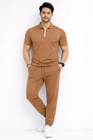 Men Brown Polyester Slim Fit Track Suit Set Plain Collar Track Suit for Men