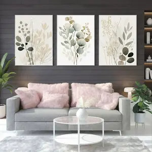 3Pcs Boho Floral Design StickyTiles Frame | Artistic Floral Wall Art with Double Tape