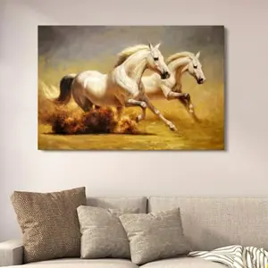 Galloping White Horses Wooden Art Frame | Running Stallion Wall Decor | 12x16 Inches with Double Tape