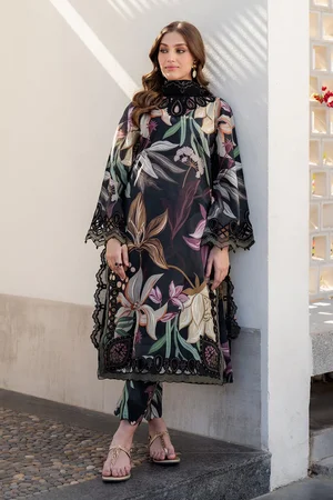 All-Over Printed Embroidered Black Lawn Dress with 4-Side Embroidered Chiffon Dupatta | Unstitched Summer Collection 2026