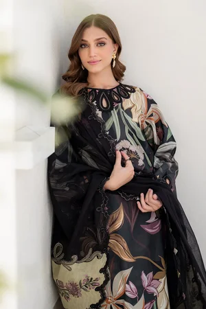All-Over Printed Embroidered Black Lawn Dress with 4-Side Embroidered Chiffon Dupatta | Unstitched Summer Collection 2026
