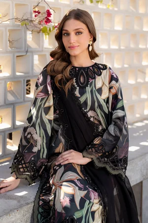 All-Over Printed Embroidered Black Lawn Dress with 4-Side Embroidered Chiffon Dupatta | Unstitched Summer Collection 2026
