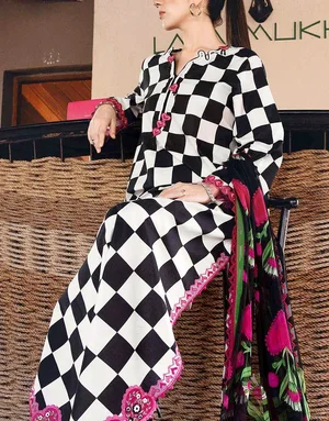 Elegant All-Over Checkerboard Print Embroidered Lawn 3 Piece Unstitched Suit with 4-Side Embroidered Chiffon Dupatta | Summer Collection 2026