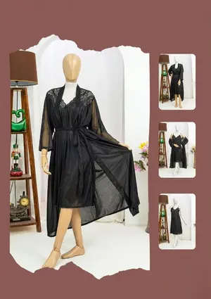 Premium Silk 2-Piece Bridal Nightwear Set for Women | Lace Embroidery Sleepwear with Robe | Free Size | SKU: R-017