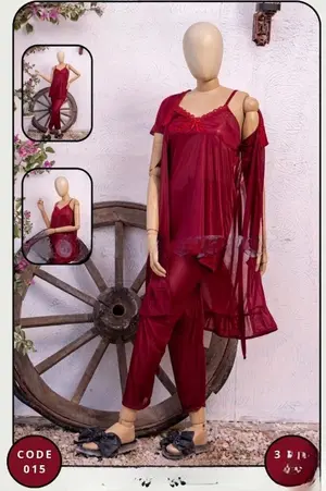 Luxury Silk 3-Piece Nightwear Set for Women | Premium Satin Robe, Camisole & Pajama Suit | Free Size