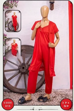 Luxury Silk 3-Piece Nightwear Set for Women | Premium Satin Robe, Camisole & Pajama Suit | Free Size