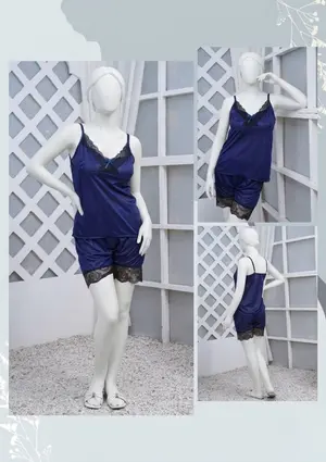 Women's Luxury Silk Nightwear Set | 2 Piece Satin Cami Top & Shorts Sleepwear | Black Lace | Free Size