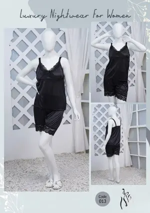 Women's Luxury Silk Nightwear Set | 2 Piece Satin Cami Top & Shorts Sleepwear | Black Lace | Free Size