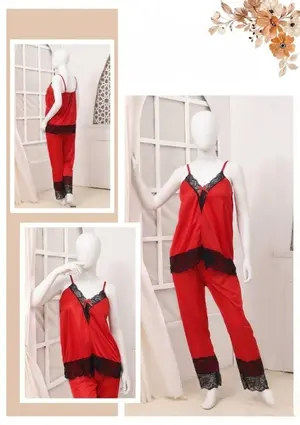 Women's Luxury Silk Top Pajama Set | 2 Piece Satin Camisole & Trouser Nightwear | Lace Sleepwear | Free Size