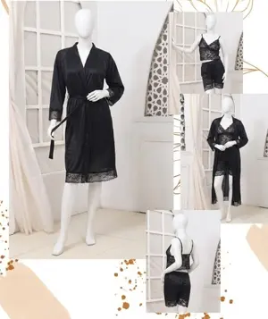 Women's Luxury Silk Nightwear Set | 3 Piece Satin Robe, Slip Dress & Inner | Black Lace | Free Size