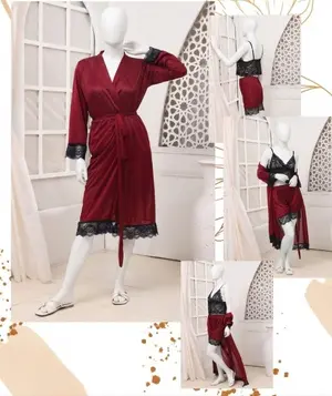 Women's Luxury Silk Nightwear Set | 3 Piece Satin Robe, Slip Dress & Inner | Black Lace | Free Size
