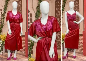 Women's Luxury Satin Robe & Nighty Set | 2 Piece Silk Sleepwear with Lace | Free Size