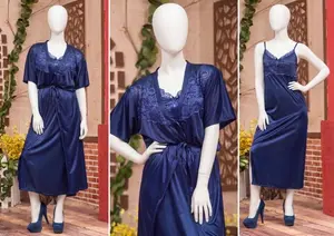 Women's Luxury Satin Robe & Nighty Set | 2 Piece Silk Sleepwear with Lace | Free Size