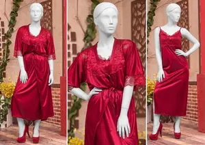 Women's Luxury Satin Robe & Nighty Set | 2 Piece Silk Sleepwear with Lace | Free Size