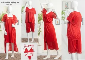 Women's Luxury Satin Bridal Nightwear Set | 6 Piece Silk Sleepwear with Bralette & Thong | Free Size
