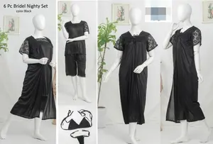 Women's Luxury Satin Bridal Nightwear Set | 6 Piece Silk Sleepwear with Bralette & Thong | Free Size