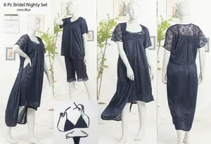 Women's Luxury Satin Bridal Nightwear Set | 6 Piece Silk Sleepwear with Bralette & Thong | Free Size