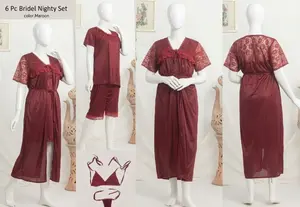 Women's Luxury Satin Bridal Nightwear Set | 6 Piece Silk Sleepwear with Bralette & Thong | Free Size