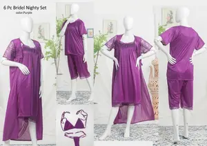 Women's Luxury Satin Bridal Nightwear Set | 6 Piece Silk Sleepwear with Bralette & Thong | Free Size