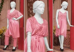 Women's Luxury Silk Satin Nightwear Set | 3 Piece Robe & Sleepwear with Lace Trim | Free Size