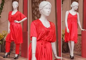 Women's Luxury Silk Satin Nightwear Set | 3 Piece Robe & Sleepwear with Lace Trim | Free Size